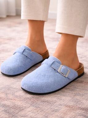 Light Blue Felt Mule Clogs with Buckle